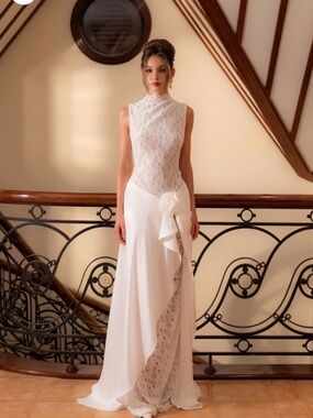 Silk & Lace White Evening Dress with Floral Accent
